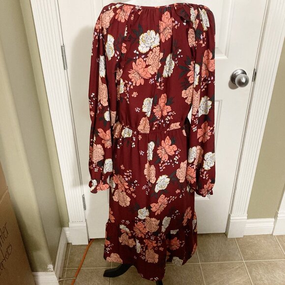 LOFT Burgundy peach black floral print long sleeve v-neck dress ~ SMALL MEDIUM - Picture 14 of 14